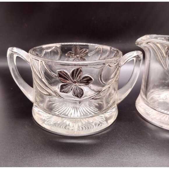Indiana Glass Co EAPG Antique Open Creamer Sugar Set Clear Silver Floral - Picture 3 of 8